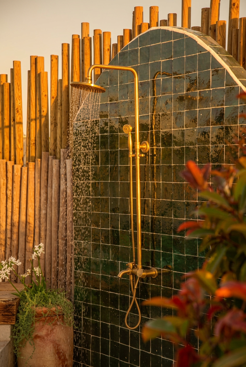 Outdoor shower running at dusk